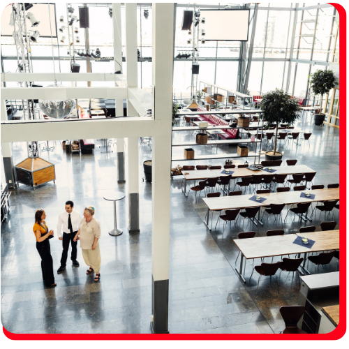 Polished commercial epoxy flooring in a modern open-concept dining and event space.