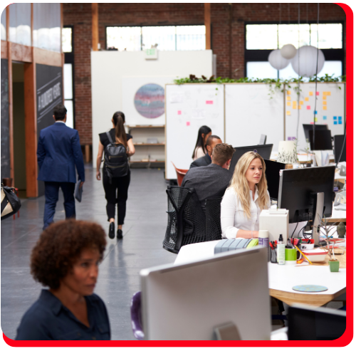 Modern open-concept office featuring smooth, durable commercial epoxy flooring.