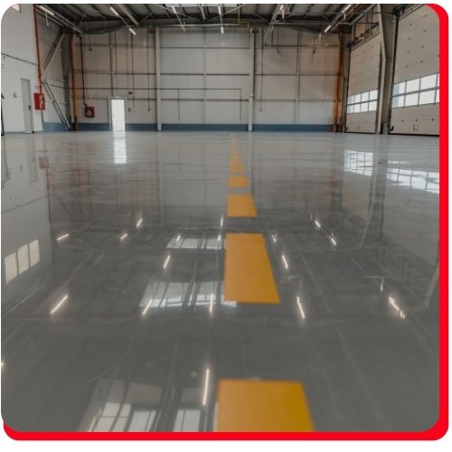 Glossy grey epoxy flooring with yellow safety lines in a spacious Aurora warehouse.