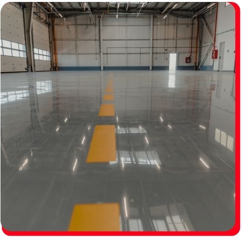 Industrial epoxy floor in Barrie warehouse with yellow safety lines and a high-gloss finish.
