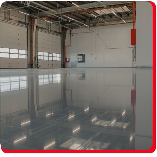 High-gloss epoxy floor in a large industrial facility in Hamilton with seamless, reflective finish.