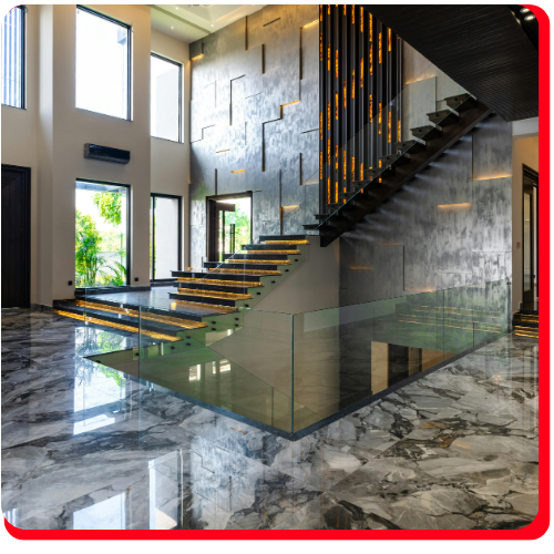 Modern luxury interior featuring high-gloss marble epoxy flooring in Richmond Hill home.