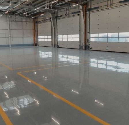 High-gloss industrial epoxy flooring in a Toronto warehouse with bright yellow safety lines.