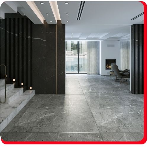 Modern Toronto living space with smooth grey epoxy flooring and black marble accents.