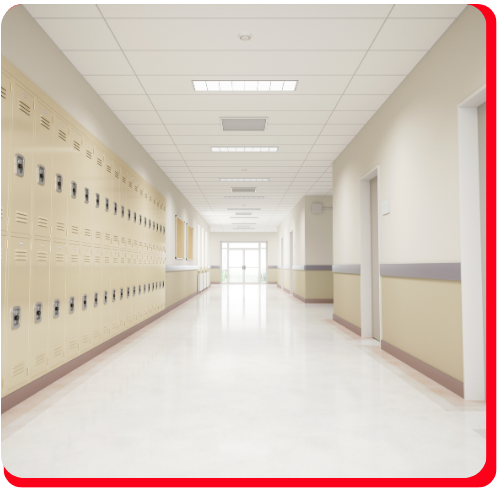 Bright and clean school hallway with seamless epoxy flooring in Vaughan.