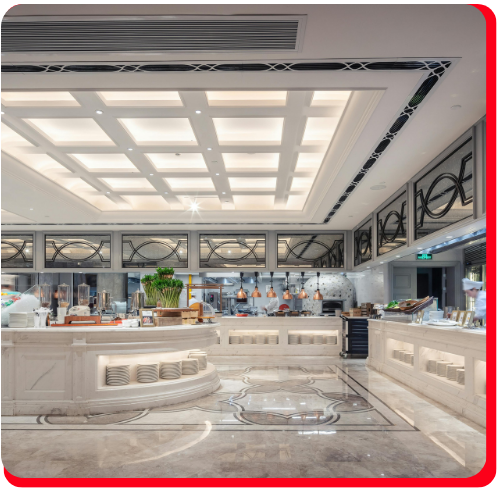 Elegant commercial kitchen in Vaughan with high-gloss decorative epoxy flooring.
