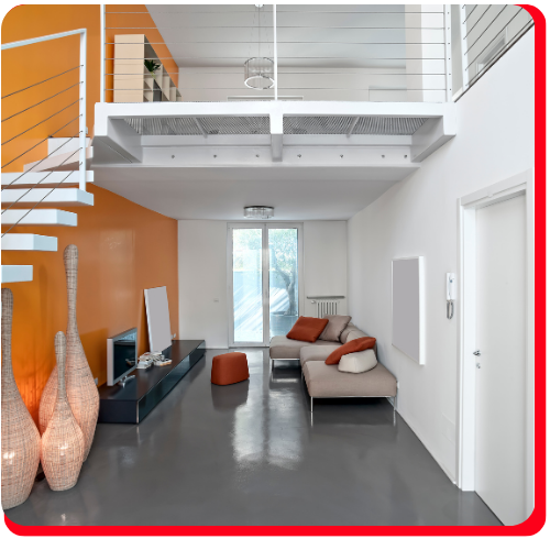 Contemporary living room with glossy grey epoxy flooring in a bright residential loft.