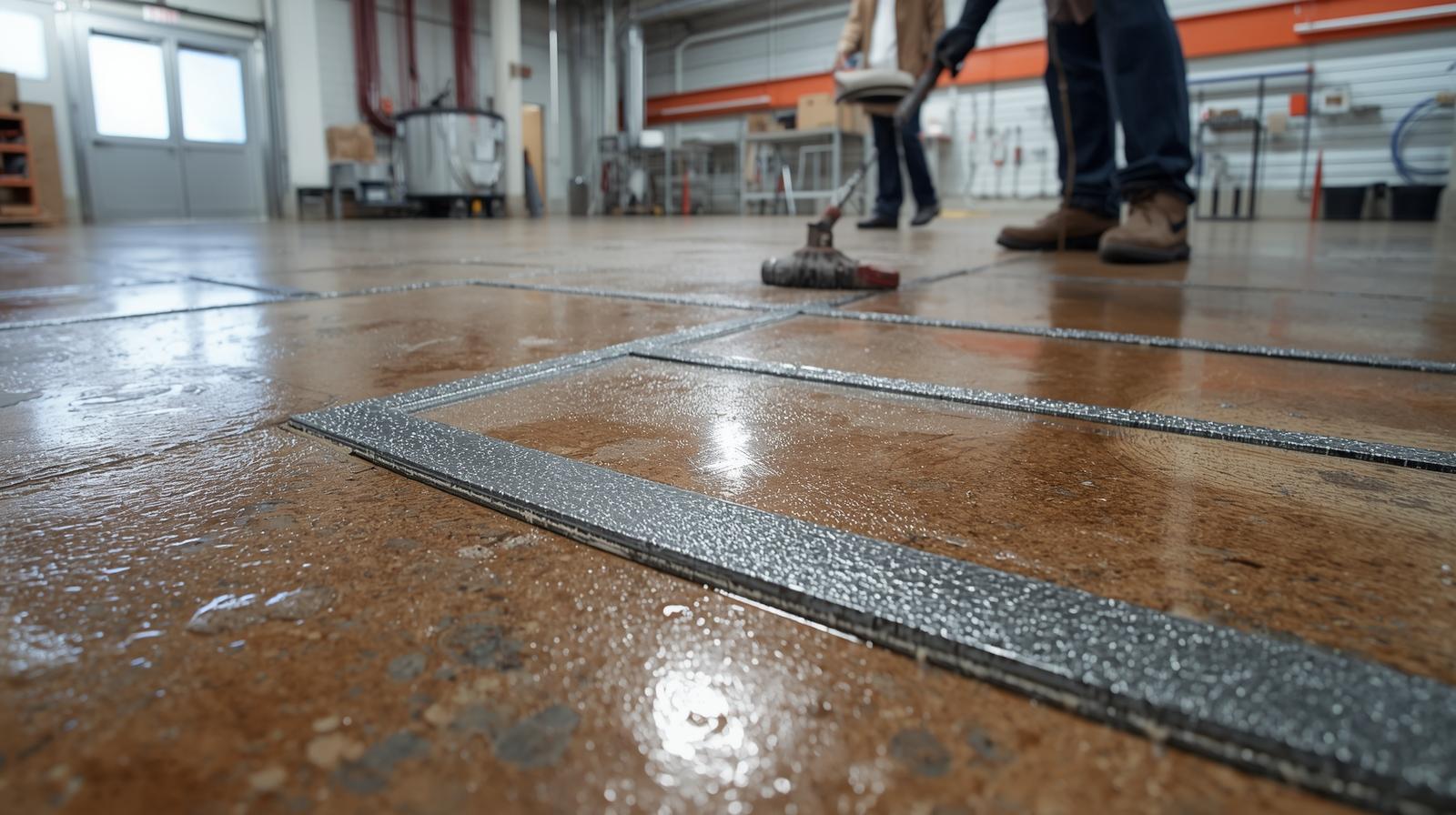 Workers cleaning an industrial concrete floor with a floor scrubber in a warehouse.