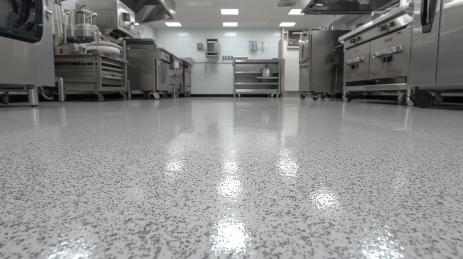 Speckled epoxy flooring in a commercial kitchen with stainless steel cooking equipment and prep stations.