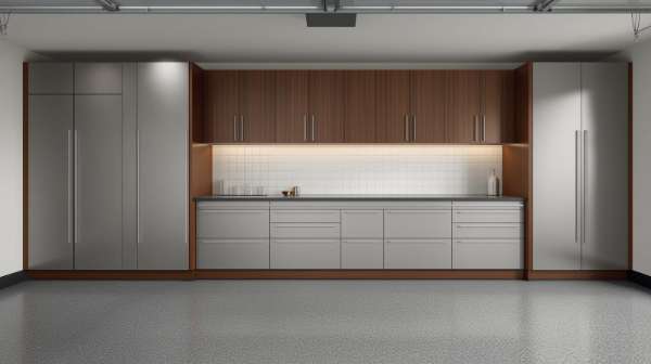 Modern garage storage wall with wood upper cabinets, gray base cabinets, integrated lighting, and a gray epoxy floor.