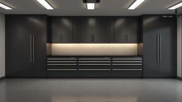 Modern black garage storage wall with tall cabinets, wide drawers, and integrated under-cabinet lighting.