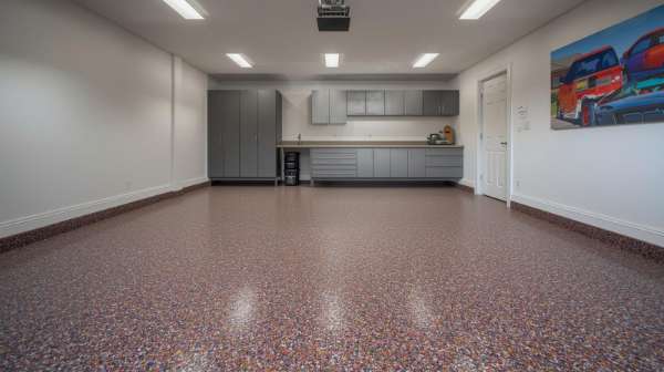 Modern garage with gray cabinets, wall-mounted storage, bright overhead lighting, and a multicolor flake epoxy floor.