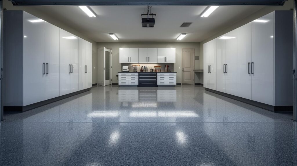Large modern garage with glossy white cabinets, central workbench, bright overhead lighting, and polished epoxy floor.