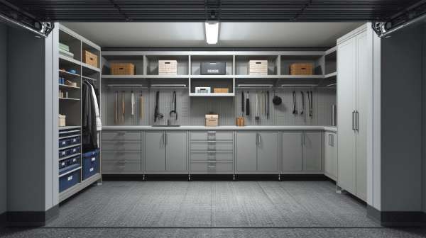 Symmetrical garage workshop with gray cabinets, pegboard tool wall, open shelving, and integrated overhead lighting.