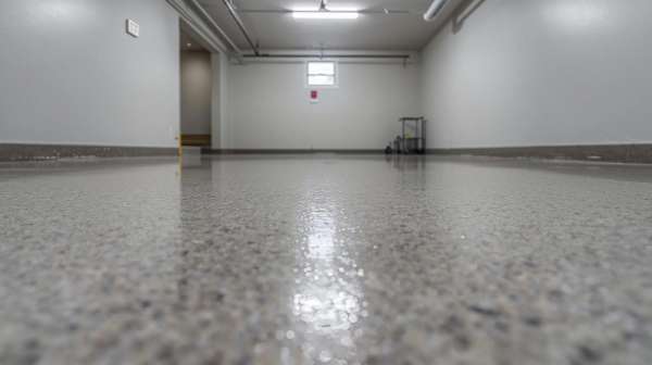 Low-angle view of a sealed concrete floor in a clean basement or utility room.