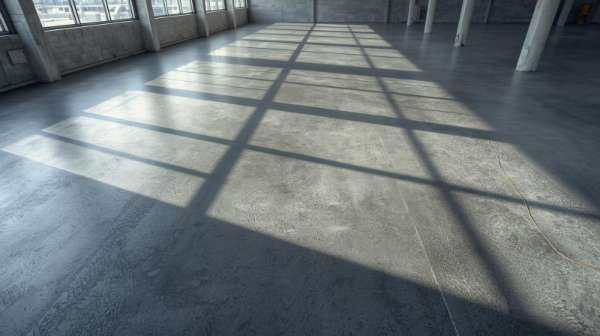 Industrial interior with polished grey concrete or epoxy floor illuminated by large window shadows.