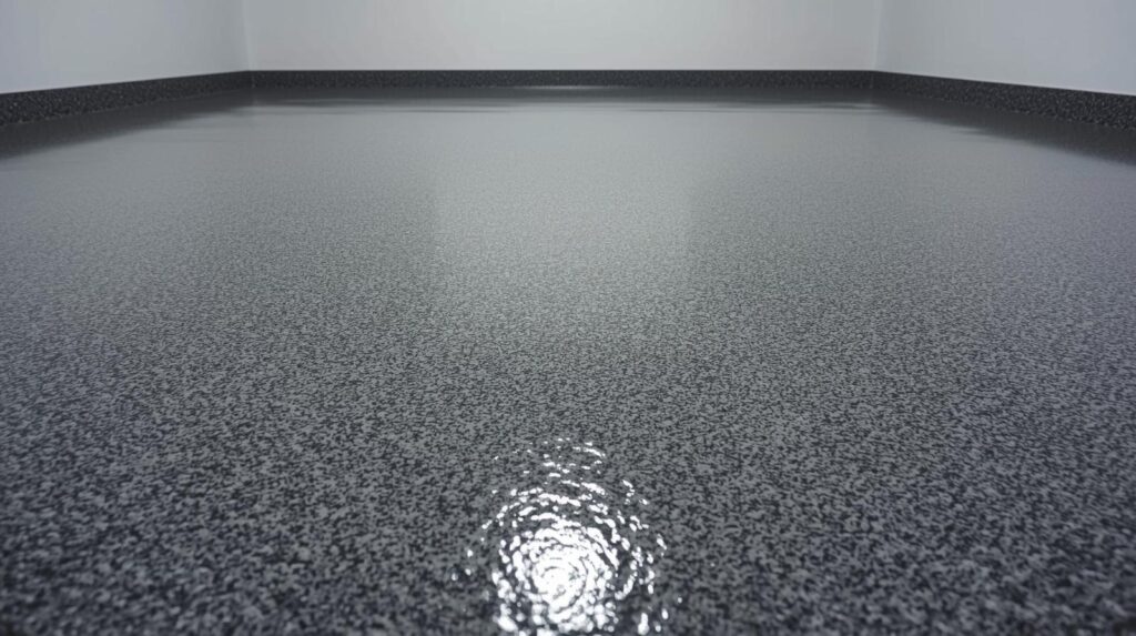 Close-up of grey epoxy floor with fine speckled texture and glossy finish in an empty room.