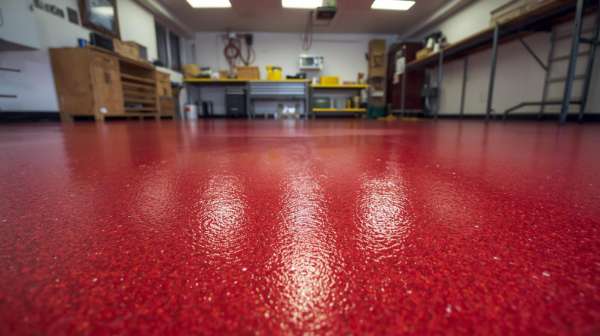Red epoxy floor with textured finish in a workshop or industrial workspace.