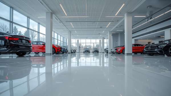 Luxury car showroom with vehicles displayed on a glossy white floor and floor to ceiling windows