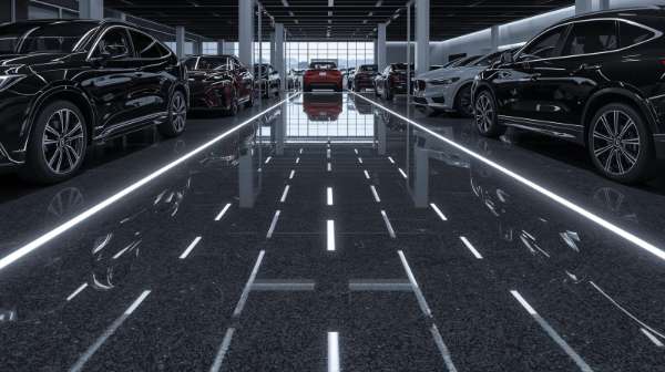 Luxury car showroom with SUVs displayed on a glossy black epoxy floor and linear lighting
