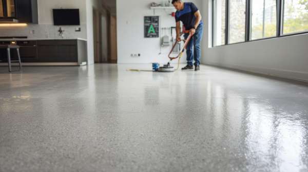 Professional installing a polished epoxy floor in a modern residential interior