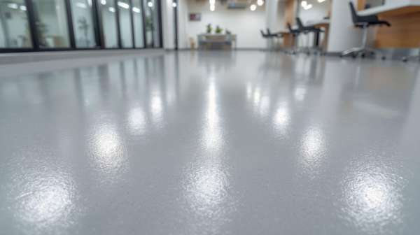 Polished epoxy office floor with smooth gray finish reflecting overhead lights