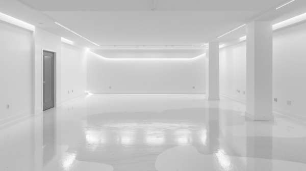 Modern white interior with a glossy epoxy floor and recessed ceiling lighting