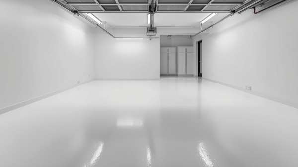 Modern garage with smooth white epoxy floor and overhead lighting