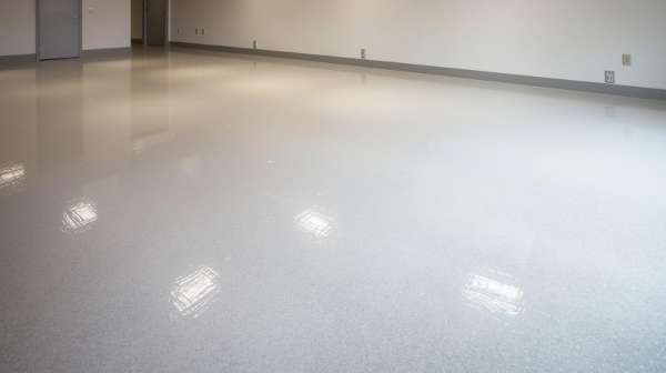 Light gray speckled epoxy floor in a commercial interior with reflected overhead lighting