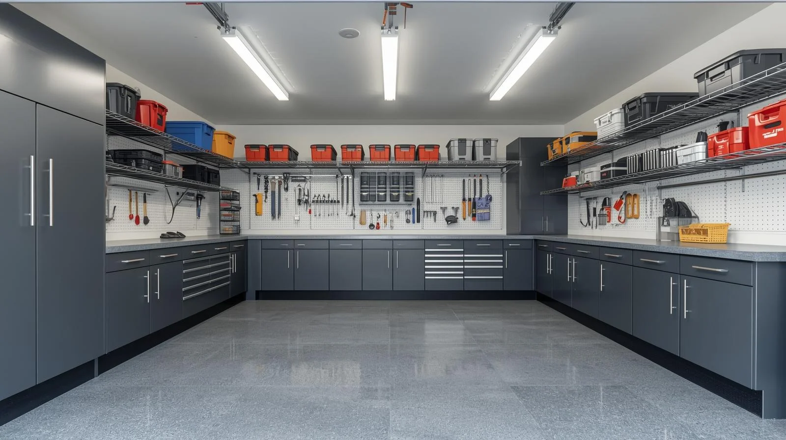 Modern organized garage workshop with dark gray cabinets, wall-mounted tools, open shelving, and bright overhead lighting.